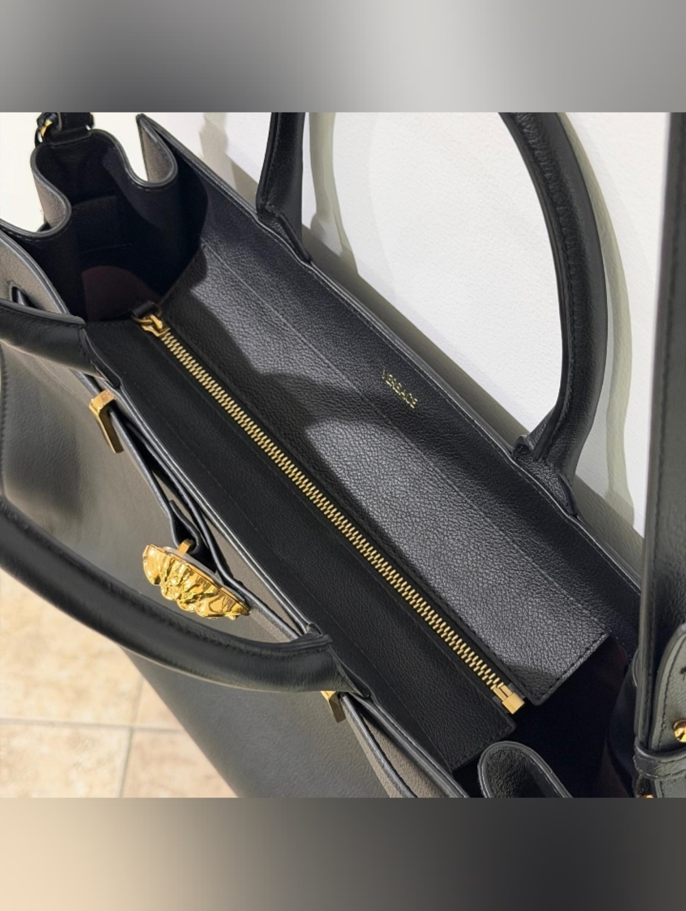 Versace Medusa Large Tote Bag Black Leather Gold Hardware Top Handle Shoulder - Picture 6 of 14